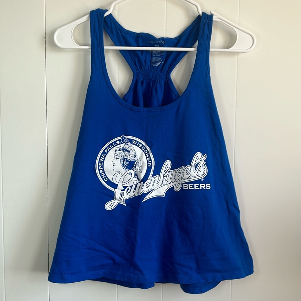 Leinenkugel’s Blue Tank Top Women’s XS 100% Cotton Flared Loose Scoop Neck EUC